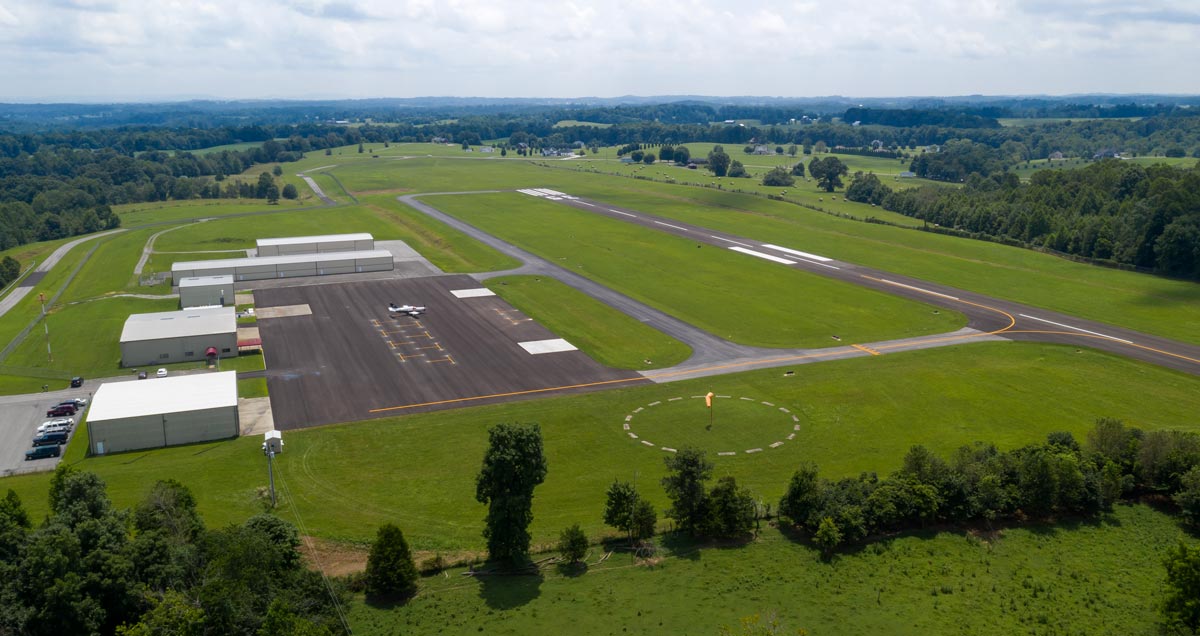 Russell County Airport buildings viewed from the air.